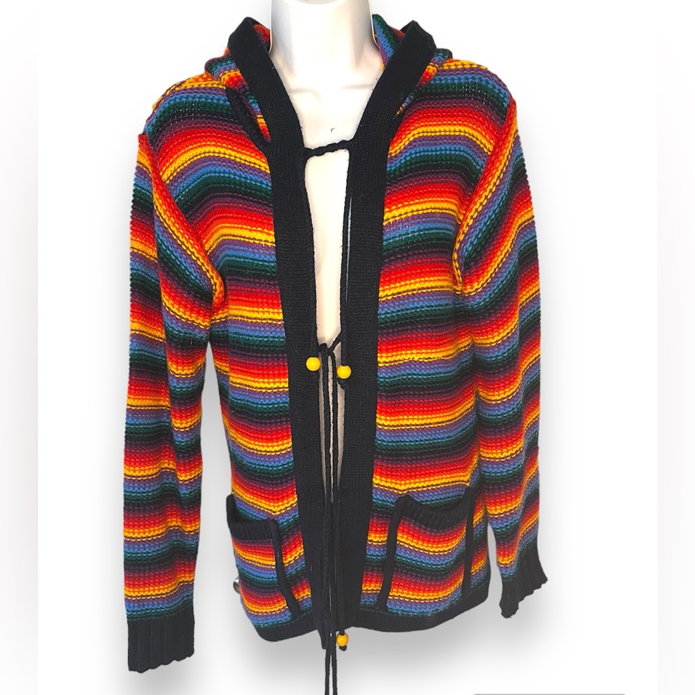 Vintage Montage Rainbow Multicolored Tie Front Hooded Cardigan Knit Sweater